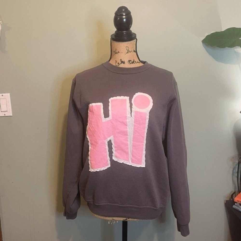 Handmade Upcycled Hi Appliqué Patched Kawaii Fleece Lined Sweatshirt Gray Small